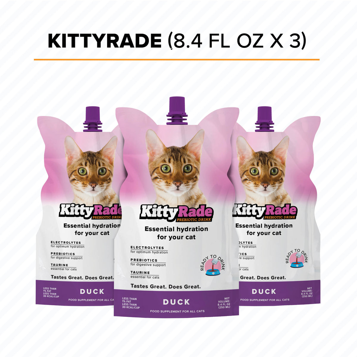 NEW FLAVOR!  KittyRade Preboitic Drink for Cats 3 x 8.4 fl. oz Pouch - Duck Flavor