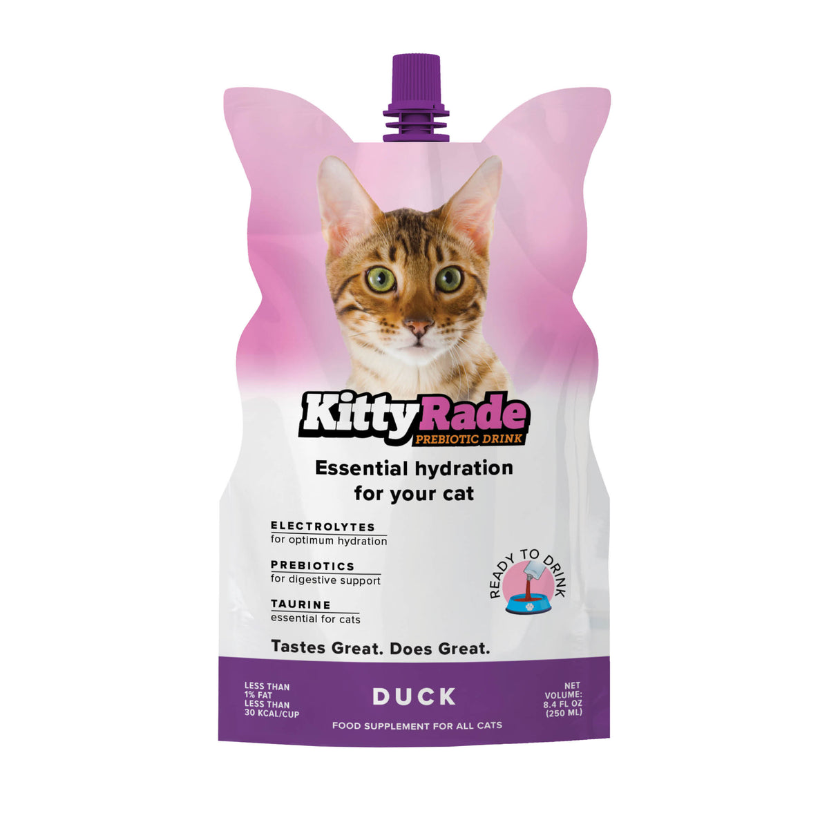 NEW FLAVOR!  KittyRade Preboitic Drink for Cats 8.4 fl. oz Pouch - Duck Flavor