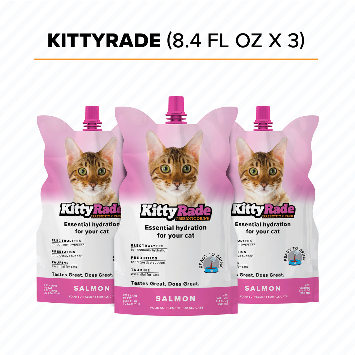 NEW FLAVOR!  KittyRade Preboitic Drink for Cats 3 x 8.4 fl. oz Pouch - Salmon Flavor