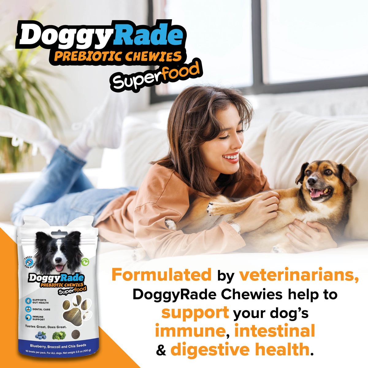 DoggyRade Prebiotic Superfood Chewies - Blueberry, Broccoli and Chia Seeds