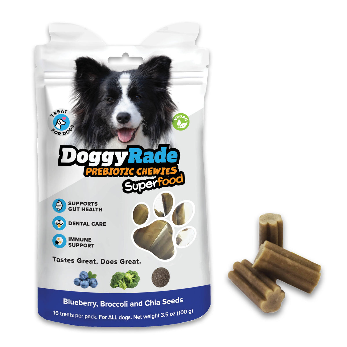DoggyRade Prebiotic Superfood Chewies - Blueberry, Broccoli and Chia Seeds
